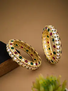 ATIBELLE Set of 2 Gold Plated Kundan Studded Textured Bangles