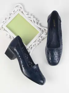 Mochi Textured Leather Block Pumps with Laser Cuts