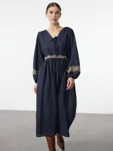 Trendyol Women Tie-Up Neck Pure Cotton Fit and Flare Midi Dress