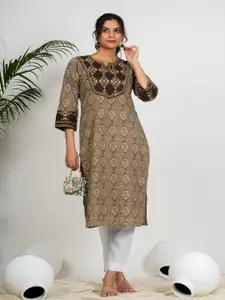 Vbuyz Geometric Printed Cotton Notch Neck Straight Kurta