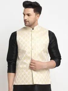 Kaifoo Men Woven Design Mandarin Collar Nehru Jackets