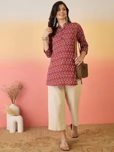 Sangria Women Printed Pure Cotton Mandarin Collar Top