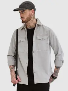 Snitch Men Relaxed Boxy Fit Spread Collar Solid Cotton Casual Shirt