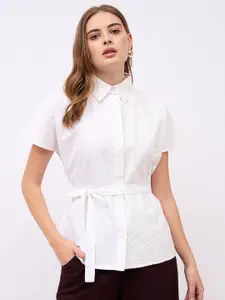Styli Women Spread Collar Textured Cotton Casual Shirt