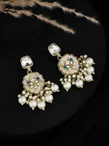 ATIBELLE Silver-Plated Kundan Stone & Beaded Studded Contemporary Drop Earrings