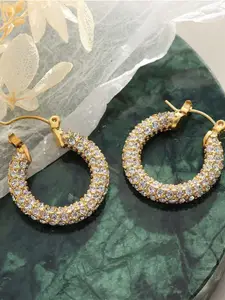 PALMONAS 18k Gold Plated Crystals Studded Stainless Steel Contemporary Hoop Earrings