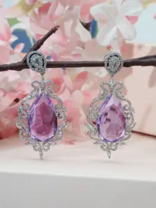 Niscka Rhodium-Plated American Diamond Stones Studded Contemporary Shaped Drop Earrings
