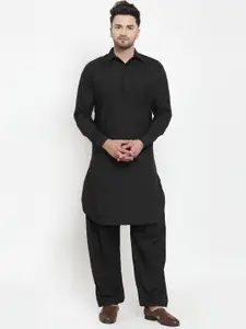 Kaifoo Shirt Collar Thread Work Pleated Cotton Linen Pathani Kurta with Salwar