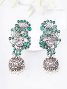 Adwitiya Collection Silver Plated Artificial Stones Studded Peacock Shaped Jhumkas