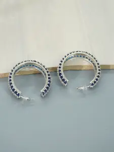 Niscka Rhodium-Plated American Diamond Studded Contemporary Half Hoop Earrings
