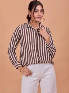 Fashfun Women Relaxed Fit Spread Collar Vertical Striped Casual Shirt