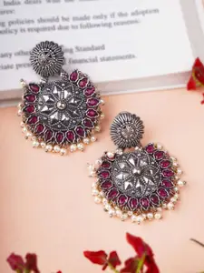 Adwitiya Collection Silver-Plated Stones Studded And Beaded Floral Drop Earrings