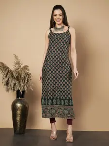 Vbuyz Floral Printed Shoulder Straps Boat Neck Cotton Straight Kurta