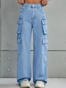 DressBerry Women Comfort Wide Leg High-Rise Acid Wash Stretchable Cargo Jeans