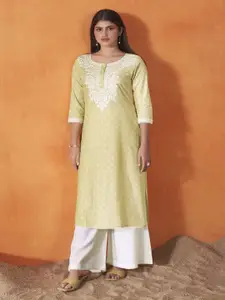 Anouk Lime Green Ethnic Motifs Embroidered Round Neck Straight Kurta