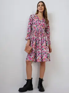 DressBerry Women Floral Print Puff Sleeve Crepe Fit & Flare Dress