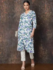 Melange by Lifestyle Floral Printed V-Neck Thread Work Cotton Straight Kurta