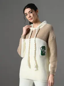 PANKH Women Colourblocked Hooded Woollen Pullover