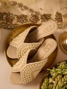 CAI Gold and Pearl Embellished Wedge Heel Sandal