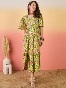 Sangria Women Square Neck Floral Printed Flared Sleeves Pure Cotton Fit and Flare Dress