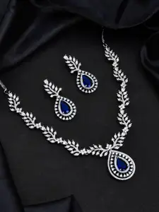 Voylla Sparkling Essentials Sapphire Leafy American Diamond Necklace Set