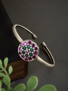 ATIBELLE Silver-Plated Stone Studded Floral Shaped Adjustable Bangle