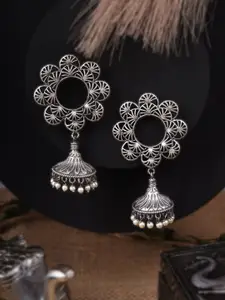 Adwitiya Collection Silver-Plated Dome Shaped Oxidised Jhumkas