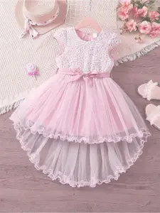 BAESD Girls Ethnic Motifs Embroidered Net Fit & Flare Dress With High-Low Hem