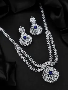 Voylla Sparkling Opulance Saphhire Plume American Diamond Necklace Set