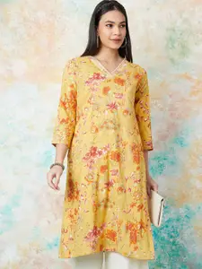 Melange by Lifestyle Floral Printed V-Neck Thread Work Straight Kurta