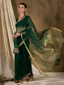 KALINI Striped Sequinned Organza Handloom Saree