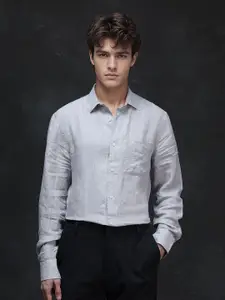 RARE RABBIT Men Comfort Fit  Spread Collar Solid Linen Formal Shirt