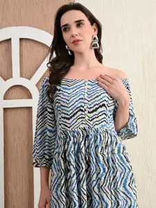 DECKEDUP Chevron Printed Square Neck Puff Sleeves Tiered Cotton Fit & Flare Maxi Dress