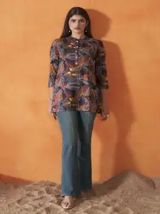 Anouk Blue And Yellow Abstract Printed Mandarin Collar Kurti