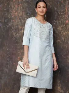 Melange by Lifestyle Zari Floral Embroidered Round Neck Thread Work Straight Kurta