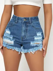 AAHWAN Women Slim Fit Mid-Rise Denim Shorts
