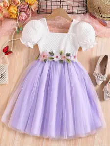 BAESD Tie and Dye Puff Sleeve Applique Net Fit & Flare Dress