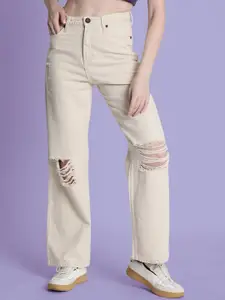 Bene Kleed Women Ecru Relaxed Fit Cotton High-Rise Slash Knee Jeans