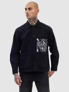 Snitch Men Spread Collar Geometric Printed Cotton Casual Tailored Jacket