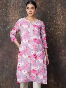 Melange by Lifestyle Floral Printed Notch Neck Thread Work Straight Kurta