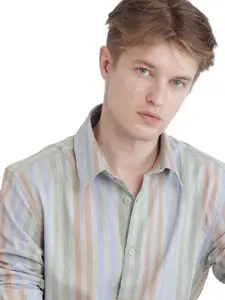 RARE RABBIT Men Comfort Fit  Spread Collar Vertical Striped Cotton Formal Shirt