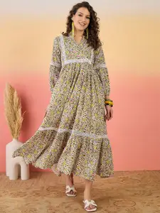 Sangria Women Floral Printed Mandarin Collar Puff Sleeves Pure Cotton Maxi Dress