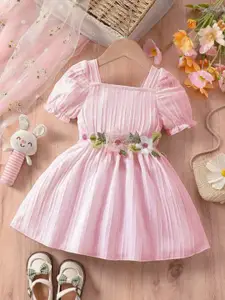 BAESD Girls Cotton Square Neck Self Design Fit & Flare Dress with Floral Details