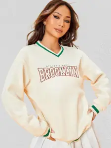 CLAFOUTIS Women Printed V-Neck Pullover Sweatshirt