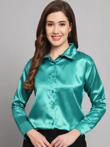 Funday Fashion Women Spread Collar Solid Satin Casual Shirt