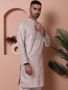 Anouk White & Brown Ethnic Motifs Woven Design Band Collar Jacquard Straight Kurta