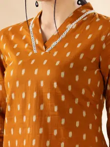 Anouk Mustard Geometric Printed V Neck lace Work Pure Cotton Straight Kurta
