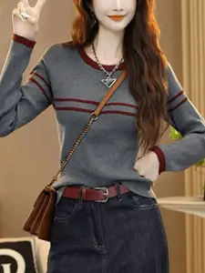 StyleCast x Revolte Women Striped Round Neck Pullover Sweater