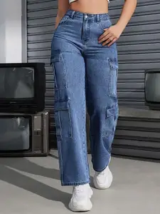 DressBerry Women Comfort Wide Leg High-Rise Light Fade Stretchable Cargo Jeans