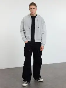 Trendyol Men Hooded Pure Cotton Front-Open Sweatshirt